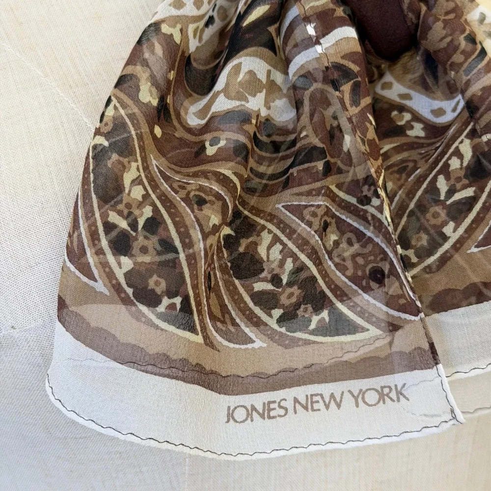 Vintage 90s Silk Hair Scarf Brown Paisley Floral Sheer Lightweight Rectangle